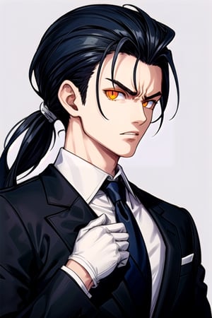 one male, cool, facing viewer,
slicked back hair, low ponytail, dark blue hair, white hair bind,
orange color eyes,
business suit, white tie, black gloves, dark outfit,
grey color background,