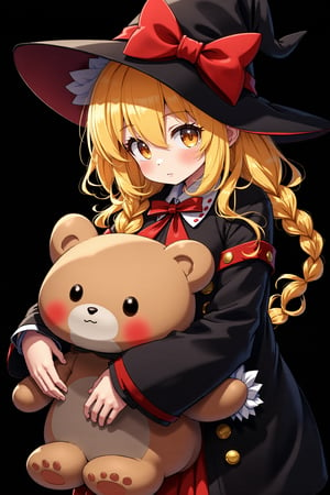 8k, detailed, anime art style, a little girl with blonde hair with braid and orange eyes. She is wearing a black witch hat with a large red bow on top. The hat is wide-brimmed and has a pointed brim. The girl is holding a big plush toy in her arms. She has a red ribbon tied around her neck and a black coat with gold buttons. The background is black, making the girl and the toy stand out.