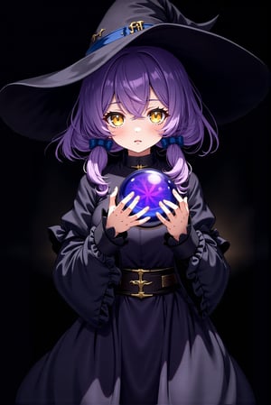 8k, detailed, anime art style, a young witch lady with yellow eye.
Her hair is purple and wavy with long twin low ponytail tied by deep blue ribbon.
She is wearing a black witch hat and a black dress with ruffles on the sleeves. 
The lady is holding a crystal ball in her hands. The crystal ball is round and has a purple and blue design on it.
She has a serious expression on her face and looking to camera.
The background is black, making the lady and the crystal ball stand out.
The overall mood of the image is dark and mysterious.