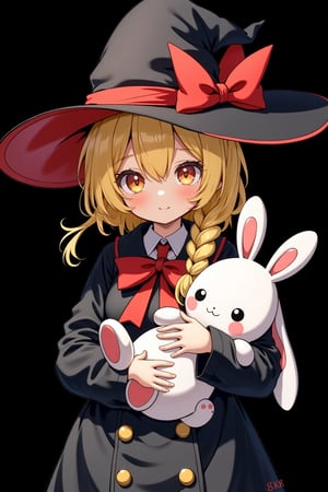 8k, detailed, anime art style, a young girl with blonde hair with braid and orange eyes. She is wearing a black witch hat with a large red bow on top. The hat is wide-brimmed and has a pointed brim. The girl is holding a big bunny toy in her arms. She has a red ribbon tied around her neck and a black coat with gold buttons. The background is black, making the girl and the bunny stand out.