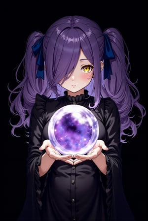 8k, detailed, anime art style, a witch lady with yellow eye.
Her hair is purple and wavy with hair over left eye and long twin low ponytail tied by deep blue ribbon.
She is wearing a black dress with ruffles on the sleeves. 
The lady is holding a crystal ball in her hands. The crystal ball is round and has a purple and blue design on it.
She has a serious expression on her face and looking to camera.
The background is black, making the lady and the crystal ball stand out.
The overall mood of the image is dark and mysterious.