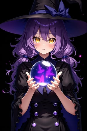 8k, detailed, anime art style, a young witch lady with yellow eye.
Her hair is purple and wavy with long twin low ponytail tied by deep blue ribbon.
She is wearing a black witch hat and a black dress with ruffles on the sleeves. 
The lady is holding a crystal ball in her hands. The crystal ball is round and has a purple and blue design on it.
She has a serious expression on her face and looking to camera.
The background is black, making the lady and the crystal ball stand out.
The overall mood of the image is dark and mysterious.