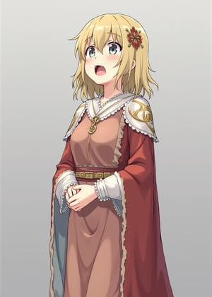 8x, anime art, a medieval little noble girl is singing in a grey background.