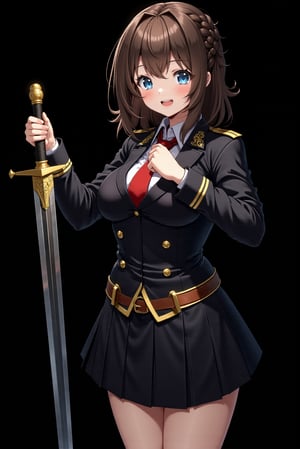 8k, detailed, anime art style, a young lady in a military uniform. She is holding a large sword in her right hand and is standing in front of a black background. The girl has shoulder-length brown hair with braided crown and blue eyes. She is wearing a black jacket with a red tie, a black skirt, and a brown belt with a gold buckle. The sword has a long straight blade and a golden hilt. She appears to be happy and very energised.