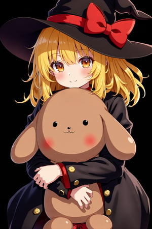 8k, detailed, anime art style, a young girl with blonde hair with braid and orange eyes. She is wearing a black witch hat with a large red bow on top. The hat is wide-brimmed and has a pointed brim. The girl is holding a big plush toy in her arms. She has a red ribbon tied around her neck and a black coat with gold buttons. The background is black, making the girl and the bunny stand out.