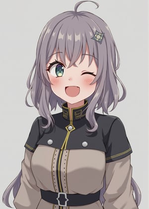 8k, anime art style, a woman officer in medieval and she is very happy. She is not wearing a hat. The background is grey.