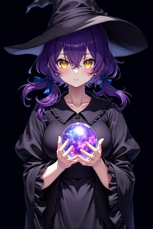 8k, detailed, anime art style, a young witch lady with yellow eye.
Her hair is purple and wavy with long twin low ponytail tied by deep blue ribbon.
She is wearing a black witch hat and a black dress with ruffles on the sleeves. 
The lady is holding a crystal ball in her hands. The crystal ball is round and has a purple and blue design on it.
She has a serious expression on her face and looking to camera.
The background is black, making the lady and the crystal ball stand out.
The overall mood of the image is dark and mysterious.