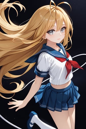 sole female, 16yo girl, emotionless, silver eyes,
golden hair, antenna hair, super long antenna, super long hair,
moderate chest, sailor uniform, 
sole color background, dark background,
score7, score8, score9+,
high shot,
floating in the air, 