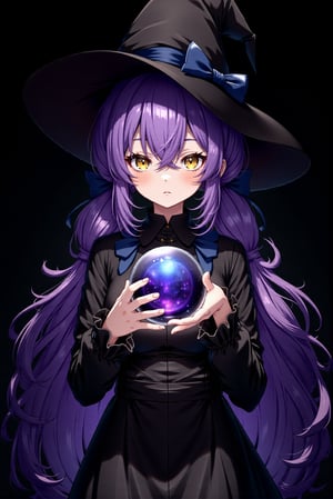 8k, detailed, anime art style, a young witch lady with yellow eye.
Her hair is purple and wavy with long twin low ponytail tied by deep blue ribbon.
She is wearing a black witch hat and a black dress with ruffles on the sleeves. 
The lady is holding a crystal ball in her hands. The crystal ball is round and has a purple and blue design on it.
She has a serious expression on her face and looking to camera.
The background is black, making the lady and the crystal ball stand out.
The overall mood of the image is dark and mysterious.