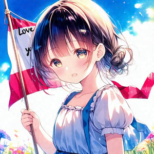 super detailed, anime art style, a cute anime girl holding a flag saying 'Love you'.