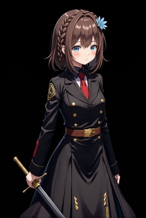 8k, detailed, anime art style, a young lady in a military uniform. She is holding a large sword in her right hand and is standing in front of a black background. The girl has shoulder-length brown hair with braided crown and blue eyes. She has a blue flower in her hair and is wearing a black jacket with a red tie, a black skirt, and a brown belt with a gold buckle. The sword has a long straight blade and a golden hilt. She appears to be ready for battle.