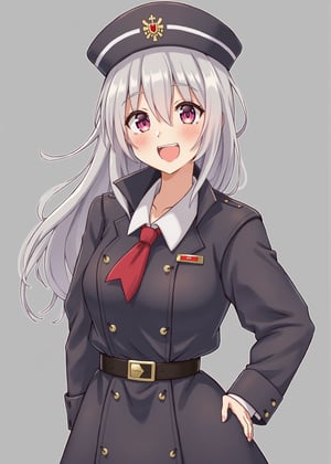 8k, anime art style, a mature woman officer in medieval and she is very happy. She is not wearing a hat. The background is grey.