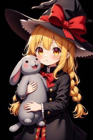 8k, detailed, anime art style, a little girl with blonde hair with braid and orange eyes. She is wearing a black witch hat with a large red bow on top. The hat is wide-brimmed and has a pointed brim. The girl is holding a big bunny in her arms. She has a red ribbon tied around her neck and a black coat with gold buttons. The background is black, making the girl and the bunny stand out.