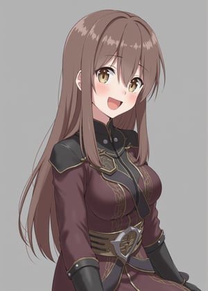 8k, anime art style, a woman officer in medieval and she is very happy. She is not wearing a hat. The background is grey.