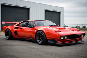 RAW phontograph of ferrari 288 gto with wide body kit,   dark sky,cool, asthetic, spoilers,full car in frame, full car picture, drift,highly detaited, 8k, 1000mp,ultra sharp, master peice, realistic,detailed grills, detailed headlights,4k grill, 4k headlights, rich city, dubai, great body kit