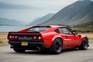 RAW phontograph of ferrari 288 gto with wide body kit,   dark sky,cool, asthetic, spoilers,full car in frame, full car picture, drift,highly detaited, 8k, 1000mp,ultra sharp, master peice, realistic,detailed grills, detailed headlights,4k grill, 4k headlights, rich city, dubai, great body kit