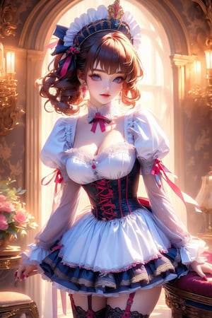 busty and sexy girl, 8k, masterpiece, ultra-realistic, best quality, high resolution, high definition, 1girl, solo, breasts, looking at viewer, short hair, bangs, large breasts, brown hair, thighhighs, long sleeves, dress, ribbon, cleavage, jewelry, medium breasts, cowboy shot, earrings, frills, parted lips, puffy sleeves, indoors, nail polish, white thighhighs, lips, grey eyes, maid, maid headdress, window, detached collar, garter straps, chair, red nails