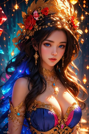busty and sexy girl, 8k, masterpiece, ultra-realistic, best quality, high resolution, high definition, A stunning sorceress, enveloped in prisms of color, is adorned in her most exquisite attire and her finest jewels, colorful glowing flower, 