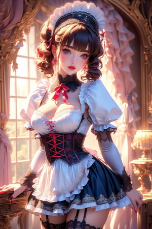 busty and sexy girl, 8k, masterpiece, ultra-realistic, best quality, high resolution, high definition, 1girl, solo, breasts, looking at viewer, short hair, bangs, large breasts, brown hair, thighhighs, long sleeves, dress, ribbon, cleavage, jewelry, medium breasts, cowboy shot, earrings, frills, parted lips, puffy sleeves, indoors, nail polish, white thighhighs, lips, grey eyes, maid, maid headdress, window, detached collar, garter straps, chair, red nails