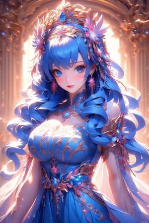 busty and sexy girl, 8k, masterpiece, ultra-realistic, best quality, high resolution, high definition, 1girl, solo, long hair, breasts, looking at viewer, blush, bangs, blue eyes, hair ornament, dress, jewelry, closed mouth, blue hair, upper body, flower, earrings, gem, headdress