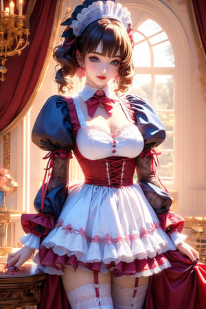 busty and sexy girl, 8k, masterpiece, ultra-realistic, best quality, high resolution, high definition, 1girl, solo, breasts, looking at viewer, short hair, bangs, large breasts, brown hair, thighhighs, long sleeves, dress, ribbon, cleavage, jewelry, medium breasts, cowboy shot, earrings, frills, parted lips, puffy sleeves, indoors, nail polish, white thighhighs, lips, grey eyes, maid, maid headdress, window, detached collar, garter straps, chair, red nails