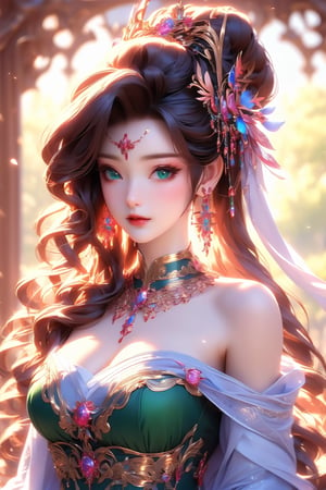 busty and sexy girl, 8k, masterpiece, ultra-realistic, best quality, high resolution, high definition, 1girl, solo, long hair, breasts, looking at viewer, black hair, hair ornament, dress, cleavage, bare shoulders, jewelry, medium breasts, closed mouth, upper body, earrings, necklace, off shoulder, hair bun, blurry, bracelet, blurry background, green dress