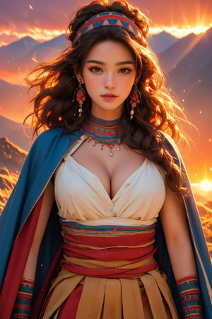 busty and sexy girl, 8k, masterpiece, ultra-realistic, best quality, high resolution, high definition, ancient Inca woman wearing a flowy cape on a mountain top, beautiful flawless face with glamourous makeup, dangling earrings, colorful headpiece, epic sunset, windy, depth of field, tribal girl