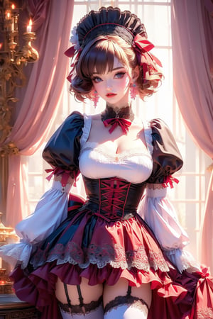 busty and sexy girl, 8k, masterpiece, ultra-realistic, best quality, high resolution, high definition, 1girl, solo, breasts, looking at viewer, short hair, bangs, large breasts, brown hair, thighhighs, long sleeves, dress, ribbon, cleavage, jewelry, medium breasts, cowboy shot, earrings, frills, parted lips, puffy sleeves, indoors, nail polish, white thighhighs, lips, grey eyes, maid, maid headdress, window, detached collar, garter straps, chair, red nails