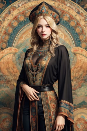 busty and sexy girl, 8k, masterpiece, ultra-realistic, best quality, high resolution, high definition, Powerful sorcerer, long white hair, Intense eyes, with Dark mystical in head, wearing Black robe and a wizard hat ,wearing Flowing black pants, , Art by Alphons Mucha, Clayton Crain, Stjepan Šejić, interactive image, highly detailed