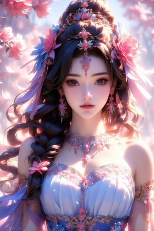 busty and sexy girl, 8k, masterpiece, ultra-realistic, best quality, high resolution, high definition, 1girl, solo, long hair, looking at viewer, black hair, hair ornament, dress, bare shoulders, brown eyes, jewelry, collarbone, upper body, braid, flower, multicolored hair, earrings, hair flower, necklace, lips, realistic