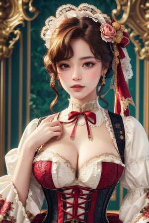 busty and sexy girl, 8k, masterpiece, ultra-realistic, best quality, high resolution, high definition, Lolita, maid, Victorian fashion, Rococo fashion, black corset with red ribbon lacing, White lace details on the sleeves, Puffed sleeves, headpiece adorned with flowers, ornate flower frame background, historical vibe, historical fashion with fantasy elements,lolita