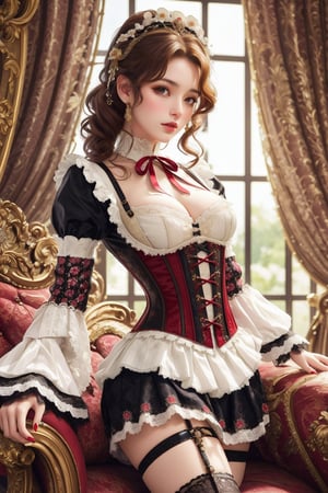 busty and sexy girl, 8k, masterpiece, ultra-realistic, best quality, high resolution, high definition, Lolita, maid, Victorian fashion, Rococo fashion, black corset with red ribbon lacing, White lace details on the sleeves, Puffed sleeves, headpiece adorned with flowers, ornate flower frame background, historical vibe, historical fashion with fantasy elements,lolita