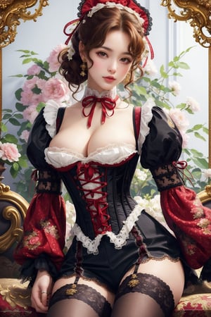 busty and sexy girl, 8k, masterpiece, ultra-realistic, best quality, high resolution, high definition, Lolita, maid, Victorian fashion, Rococo fashion, black corset with red ribbon lacing, White lace details on the sleeves, Puffed sleeves, headpiece adorned with flowers, ornate flower frame background, historical vibe, historical fashion with fantasy elements,lolita