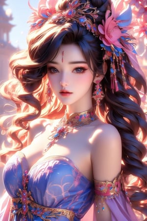 busty and sexy girl, 8k, masterpiece, ultra-realistic, best quality, high resolution, high definition, 1girl, solo, long hair, looking at viewer, black hair, hair ornament, dress, bare shoulders, brown eyes, jewelry, collarbone, upper body, braid, flower, multicolored hair, earrings, hair flower, necklace, lips, realistic