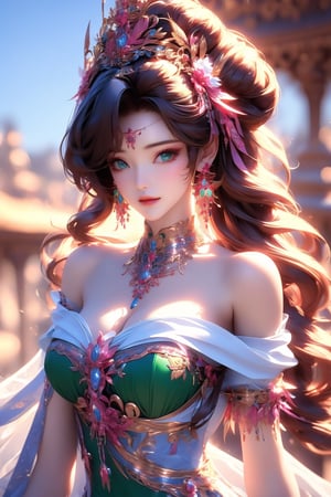 busty and sexy girl, 8k, masterpiece, ultra-realistic, best quality, high resolution, high definition, 1girl, solo, long hair, breasts, looking at viewer, black hair, hair ornament, dress, cleavage, bare shoulders, jewelry, medium breasts, closed mouth, upper body, earrings, necklace, off shoulder, hair bun, blurry, bracelet, blurry background, green dress