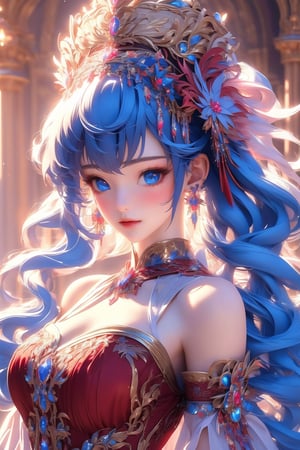 busty and sexy girl, 8k, masterpiece, ultra-realistic, best quality, high resolution, high definition, 1girl, solo, long hair, breasts, looking at viewer, blush, bangs, blue eyes, hair ornament, dress, jewelry, closed mouth, blue hair, upper body, flower, earrings, gem, headdress