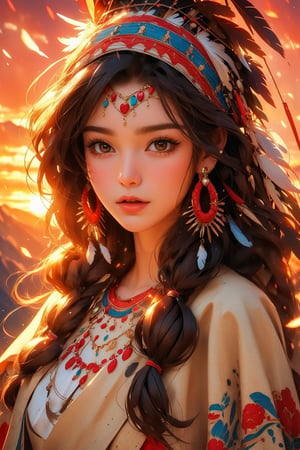 busty and sexy girl, 8k, masterpiece, ultra-realistic, best quality, high resolution, high definition, ancient Inca woman wearing a flowy cape on a mountain top, beautiful flawless face with glamourous makeup, dangling earrings, colorful headpiece, epic sunset, windy, depth of field, tribal girl, feather headdress