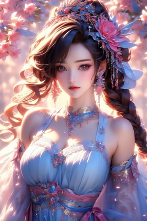 busty and sexy girl, 8k, masterpiece, ultra-realistic, best quality, high resolution, high definition, 1girl, solo, long hair, looking at viewer, black hair, hair ornament, dress, bare shoulders, brown eyes, jewelry, collarbone, upper body, braid, flower, multicolored hair, earrings, hair flower, necklace, lips, realistic