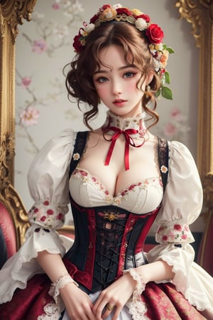 busty and sexy girl, 8k, masterpiece, ultra-realistic, best quality, high resolution, high definition, Lolita, maid, Victorian fashion, Rococo fashion, black corset with red ribbon lacing, White lace details on the sleeves, Puffed sleeves, headpiece adorned with flowers, ornate flower frame background, historical vibe, historical fashion with fantasy elements,lolita