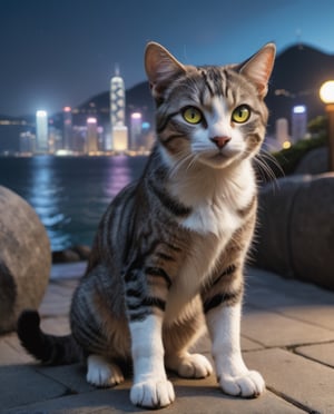 A picture of a cute American short haired cat, full body, black and gray hair, yellow eyes, black pupils, white feet, big head, big eyes, black eyeliner, double eyelids, slightly fat, lifelike details,

On a night in Hong Kong, the colorful night scenery, waiting by the seaside, warm yellow light, urban background,



The details are lifelike 4k, neon light, fluorescent color, Canon eos 5d mark 4, low shutter, Fuji film Super, amazing beauty, powder blusher, fantasy, high detail, movie light, night, color difference, wide angle, high detail (showing cats)), and the audience is hit hard. Dynamic lighting, shadows, cat juice, cum on the body, looking up,