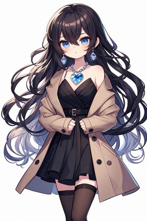 {{{ masterpiece, ultra-detailed, intricate details, best quality, symmetry }}}, blue eyes ,  Anime VTuber style character, a youthful entrepreneur resembling white snow, long, luxurious black hair and wears a beige coat. She's adorned with a distinctive blue heart-shaped crystal necklace, symbolizing confidence and the energy of Ainomori. Her outfit includes a black dress that complements her figure. The character exudes a strong personality, unique and memorable in appearance. Full-body design, standing pose, with a white background. ,<lora:659111690174031528:1.0>