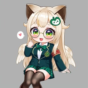 (Fullbody:1.4) , (blush:1.3) , shy , loafers, book , look at viewer , round gold glasses ,  sitting , armband , black thighhigh , student shoes , green pleated skirt , cute , hand , hand up , open mouth , sexy , smile , hentai ,  Emote , high quality, high res , highly detailed face, white background,  1girl , solo , cute face , kawaii , sexy , 1girl , loli , white blonde hair ,  heart , sexy , cat ears , dot eyebrow , green eyes  ,loli , feather wings , long hair , TobaRana , hair ornament , feathered wings , animal ears ,virtual youtuber , student , jacket , bow , white background 