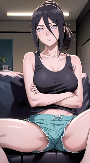 masterpiece, best quality, anime, ( 1girl, long hair, looking down), (crossed arms, tank top, dolphin shorts, office, spread legs), vivid colors, highres, (oiled skin),   intricate iris,
indoor , (hyuuga hanabi), (mature face),  (low tied long hair, ponytail, sitting on sofa),
