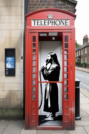 stencil graffiti artwork by Banksy, featuring Jesus holding phone handle in england's phone booth
