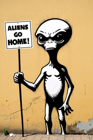 stencil graffiti artwork by Banksy, featuring angry alien holding a sign on a stick, text "ALIENS GO HOME!" text,Text