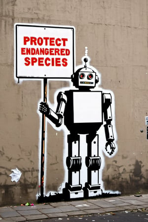 stencil graffiti artwork by Banksy, featuring robot with sign on stick. text "protect endangered species" text,Text