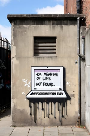 stencil graffiti artwork by Banksy, featuring popup computer window, set against a gritty city wall. text "404 MEANING OF LIFE NOT FOUND" text,Text