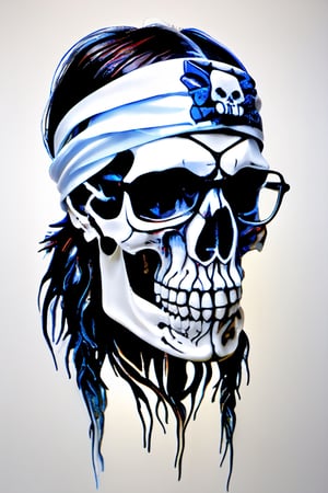 David Foster Wallace, nerd, bookish, ((skull instead of head)), (((white headband bandana))), ((glasses for reading)), portrait, upper body, masterpiece, perfect face, intricate details, horror theme epoxy_skull, epoxy_skull, clear skull