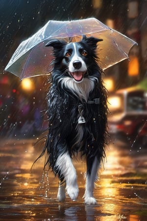 Hyper-detailed  painting, Jean-Baptiste Monge style, a black-white bordercollie in the rain  under an single black long raincoat, splash, glittering, cute and adorable, filigree, lights, fluffy, magic, surreal, fantasy, digital art, ultra hd, hyper-realistic illustration, vivid colors,  UHD, cinematic perfect light,greg rutkowski