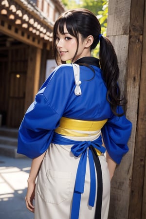 masterpiece, best quality, highres, aatakina, long hair, twintails, black hair, breasts, japanese clothes, (blue kimono:1.2), tasuki, long sleeves, sash, (brown apron:1.2), , hand on hip, smile, outdoors,aatakina,  (perfect hands, perfect anatomy), ( shiny oil skin:1.2), curved body, dynamic sexy pose, sexy body, (gigantic breast:1.2), 9 head length body, looking at viewer, cowboy shot, (from behind:1.3),